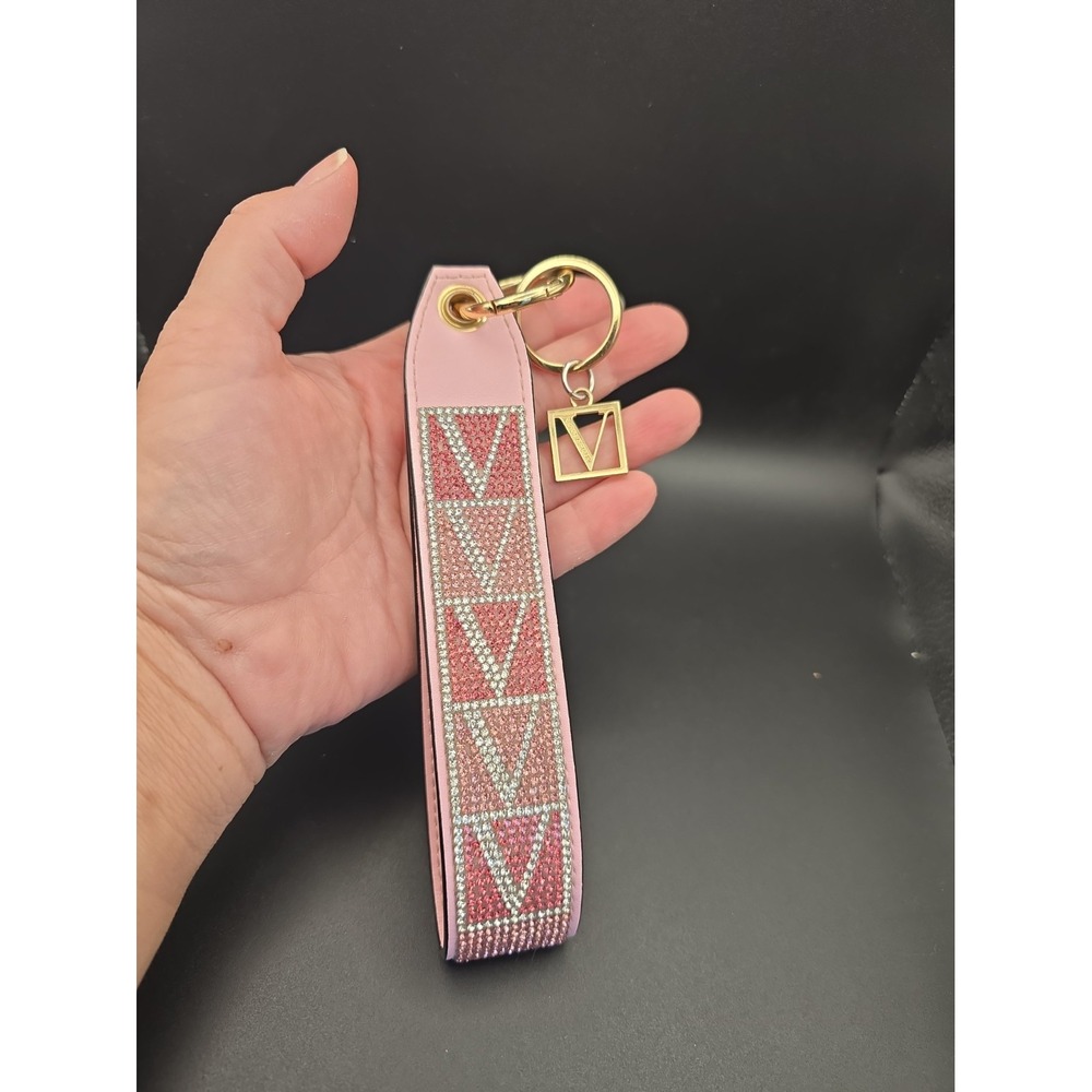 Bling Victoria's Secret Pink Logo VS Rhinestone Keychain Wristlet Strap Key Ring
